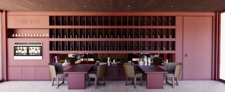 Imagem de projeto do Wine Bar do Clara Resorts, com estante de vinhos e mesas em tom vinho.